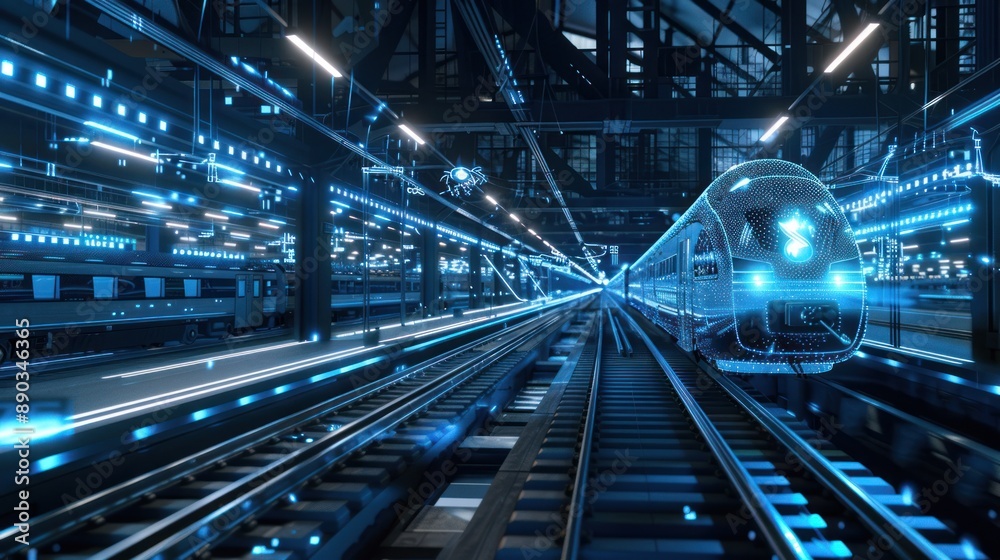 Futuristic Train Station with a Digital Train Futuristic Train Station with a Digital Train