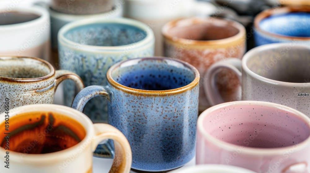 Closeup of ceramic mugs in various colors and shapes. Closeup of ceramic mugs in various colors and shapes.