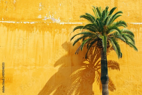Vibrant palm tree against a yellow building facade in Alcudia old town under a clear blue sky. Minimalistic architecture and nature scene with vibrant colors illuminated by natural sunlight.