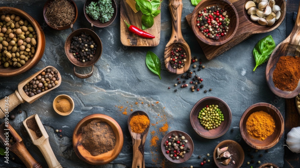Variety of spices and herbs on a slate surface Variety of spices and herbs on a slate surface