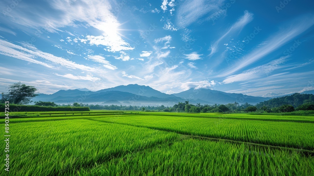 Obraz premium A field of green grass with a clear blue sky above