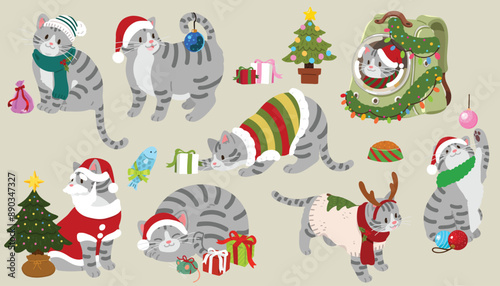 Simple and adorable Christmas illustrations of Grey Tabby Cat flat colored