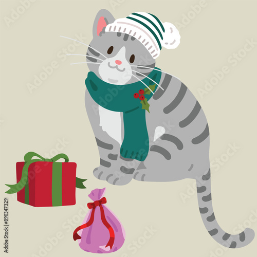 Simple and adorable Christmas illustration of Grey Tabby Cat flat colored sitting
