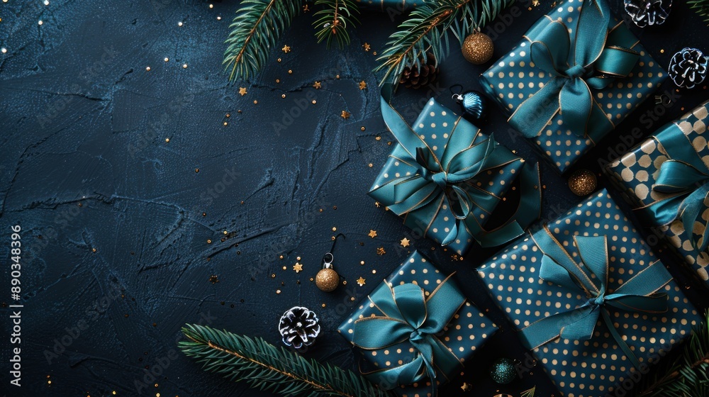 Teal & Gold Christmas Gift Boxes on a Dark Blue Background Teal & Gold Christmas Gift Boxes on a Dark Blue Background
