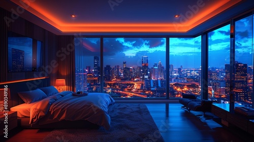 Luxurious cityscape bedroom with stunning night view - generative ai © Tatiana Vagizova