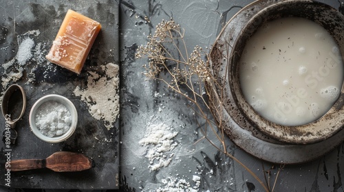 Rustic spa setup with soap, salt, and herbs photo