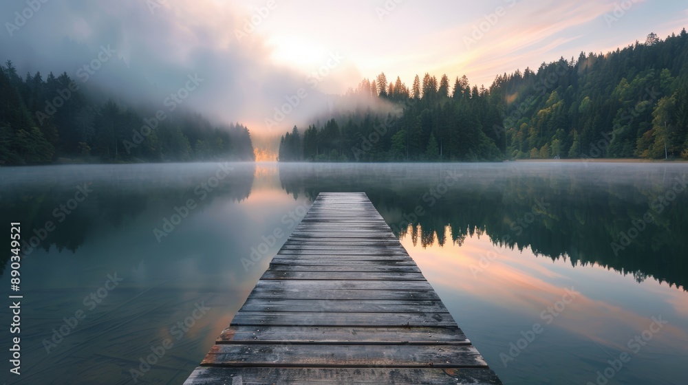A wooden bridge spans a lake, with fog in the background A wooden bridge spans a lake, with fog in the background