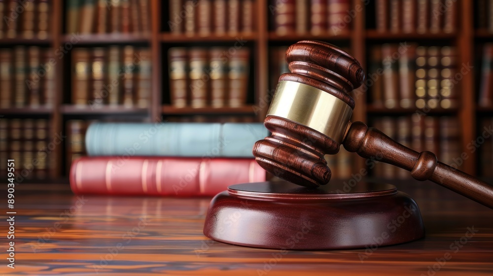 A gavel on a table with a bookcase in the background, indicates legal environment, judicial equipment, courtroom tools A gavel on a table with a bookcase in the background, indicates legal environment, judicial equipment, courtroom tools