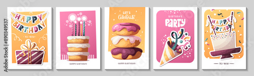 Birthday card set with cakes, gift, birthday donuts, party hat. Handwritten lettering. Birthday party, celebration, congratulations, invitation concept. Vector illustration. Postcard, card, cover.