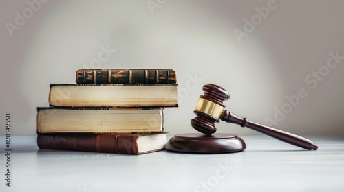 Gavel and law books on a white background represent the legal system, legal authority, judicial system photo