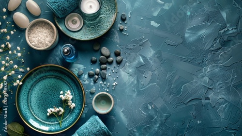 Spa items with candles and stones on a blue surface photo