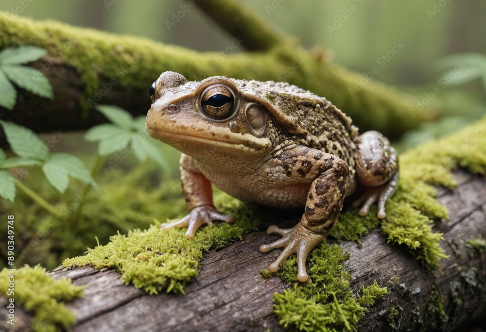 Obraz premium A curious toad exploring a mossy log. 
