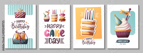 Birthday card set with cakes, gifts, birthday cupcake. Handwritten lettering. Birthday party, celebration, congratulations, invitation concept. Vector illustration. Postcard, card, cover.