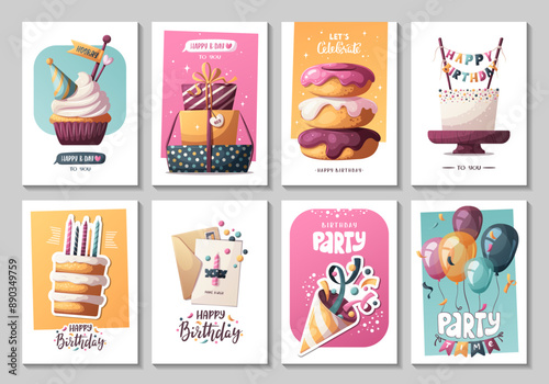 Birthday cards with cakes, gifts, balloons, party hat. Handwritten lettering. Birthday party, celebration, congratulations, invitation concept. Vector illustration. Postcard, card, cover.