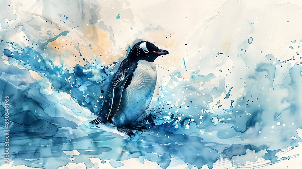 Obraz premium A double exposure watercolor painting of a penguin, the iceberg and arctic landscape merging into its form, delicate shades of blue and white, with light dappling through the ice,