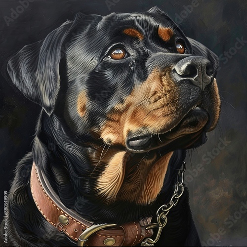 Rottweiler head with halti or halter lead on photo