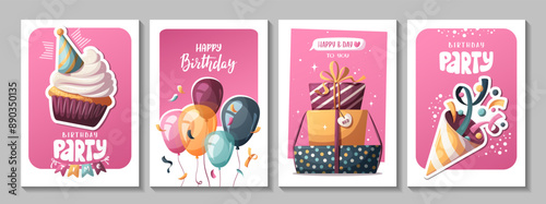 Happy Birthday cards with cupcake, balloons, gift boxes, party hat. Handwritten lettering. Birthday party, celebration, congratulations, invitation concept. Vector illustration. Postcard, card, cover.