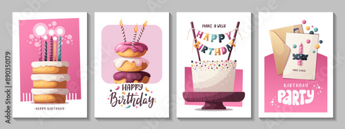 Happy Birthday cards with cakes, birthday donuts and postcard. Handwritten lettering. Birthday party, celebration, congratulations, invitation concept. Vector illustration. Postcard, card, cover.