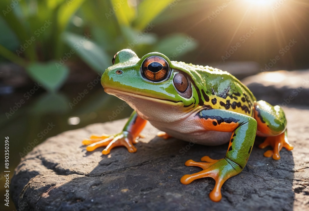 Naklejka premium A colorful frog basking in the sunlight. 