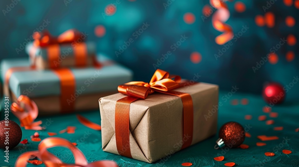 Wrapped gift boxes with orange ribbons and holiday decorations Wrapped gift boxes with orange ribbons and holiday decorations