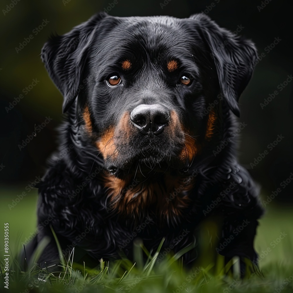 Stunning proud Adult pedigree male Rottweiler sitting and laying grass posing for a photograph, taken at eye level with studio lights on the lawn looking inquisitive, ready to protect