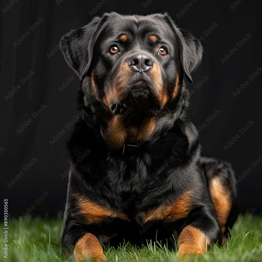 Stunning proud Adult pedigree male Rottweiler sitting and laying grass posing for a photograph, taken at eye level with studio lights on the lawn looking inquisitive, ready to protect