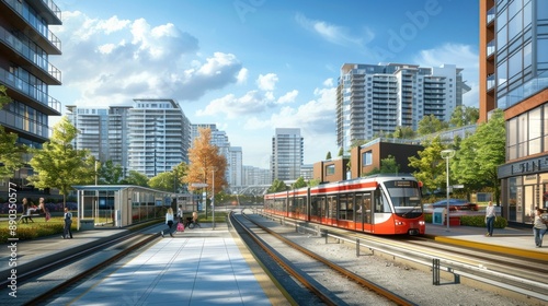 Generate a photo realistic image of transit-oriented development integrating residential and commercial areas around public transport; ensure the image is of high resolution.