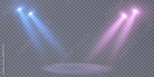 Stage spotlight. Bright colorful rays of light from spotlights with empty space for the stage. Beautiful template for presentation of promotions, awards, gambling, web design.