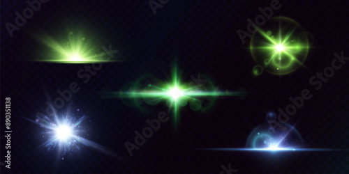 Shining bright green light effects isolated on a dark background, glare, lines, bright light particles. Adobe Illustrator Artwork