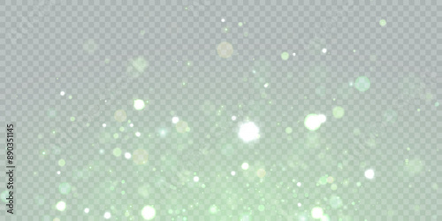 Light bokeh of green dust with reflections. Christmas glowing bokeh and glitter overlay texture for your design on a transparent background. Green particles Adobe Illustrator Artwork