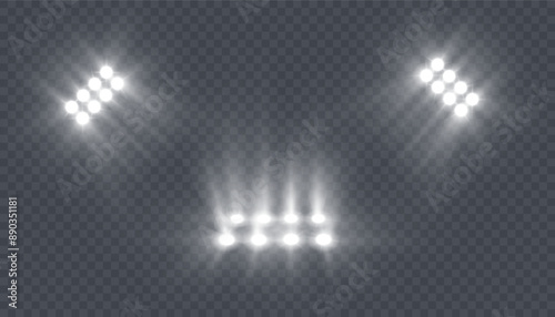 Bright stadium floodlights for sports games, concerts, shows, events. Transparent background Adobe Illustrator Artwork