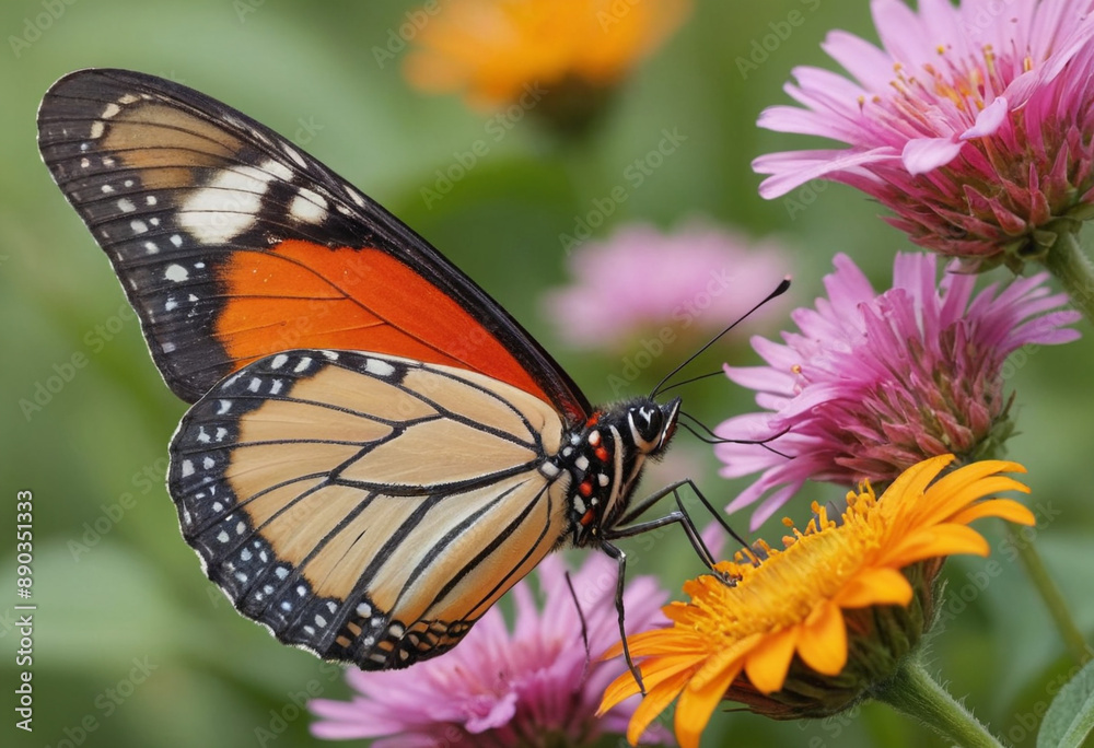  A colorful butterfly drinking nectar from a flower. 