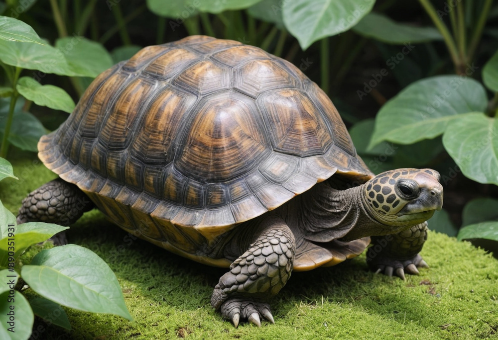 Fototapeta premium A tortoise grazing on a leafy plant. 