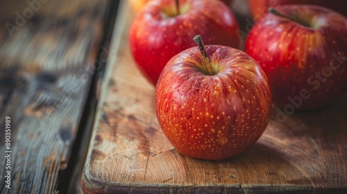 Red apples on a rustic wooden surface photo