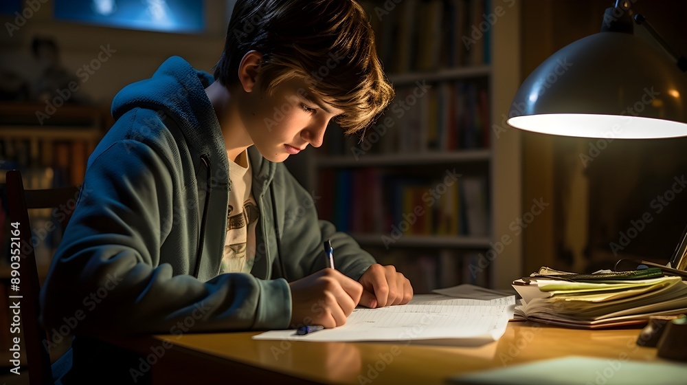 Close-up view of a student's diligent efforts in completing school assignments at a desk Close-up view of a student's diligent efforts in completing school assignments at a desk