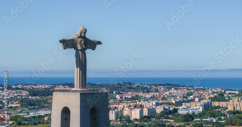 Aerial view of Sanctuary of Christ the King or Santuario de Cristo Rei on sunny summer day in Lisbon, Portugal.