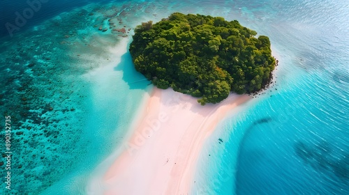 Tropical Island with Pristine White Sand Beach and Turquoise Water.