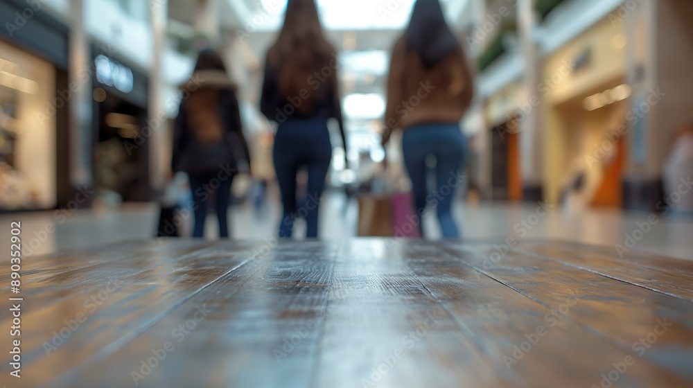 close up of empty wooden table with blurred women shopping in mall background close up of empty wooden table with blurred women shopping in mall background