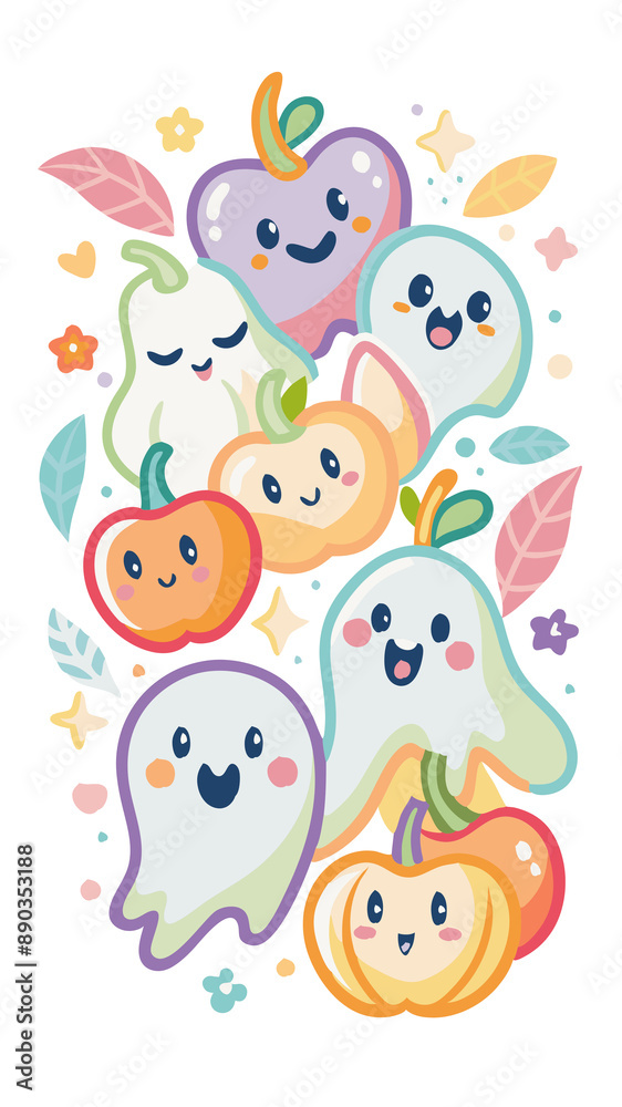 Obraz premium halloween little goast with fruits,happy halloween celebration transparent,halloween fruits,casper style,smile devil,horizontal, mystery, comic, graphic, typescript, grunge, bat, horror