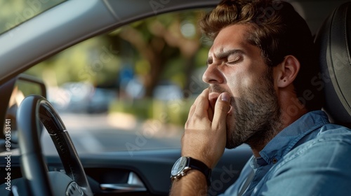 The man yawning in car.