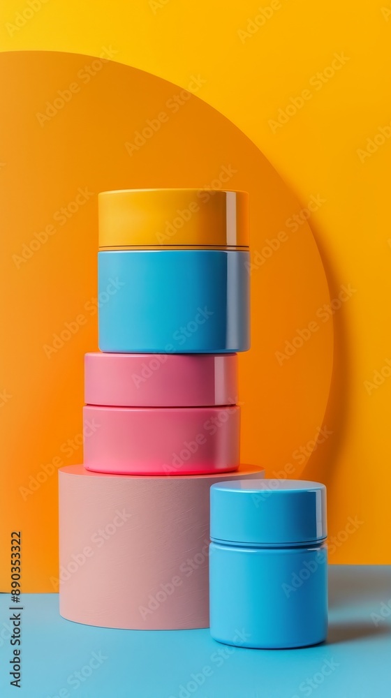 A stack of colorful containers on a yellow background A stack of colorful containers on a yellow background