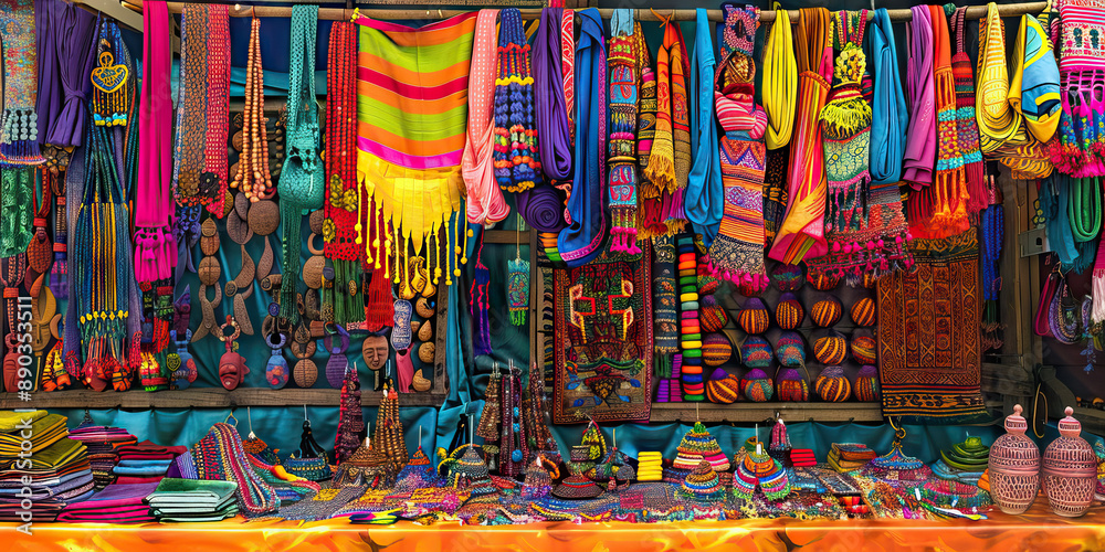Fototapeta premium The Vibrant Vendors: A colorful market stall, displaying rows of vivid fabrics, jewelry, and handcrafted wares