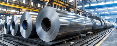 Industrial aluminum rolls in a warehouse with bright lighting.