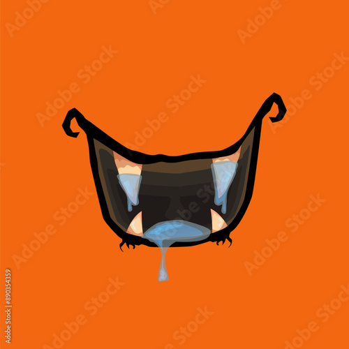 Vector cartoon funny zombie monster open mouth with drooling green slime isolated on orange background. Vector Halloween greeting card with funne orange monster mouth. Cartoon vampire and zombie fangs