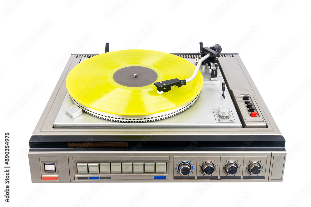 Fototapeta premium Vintage turntable record player with yellow vinyl isolated on white background.