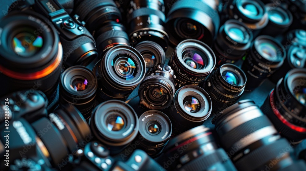 Many lenses of cameras and photography equipment are arranged in an abstract composition. Many lenses of cameras and photography equipment are arranged in an abstract composition.