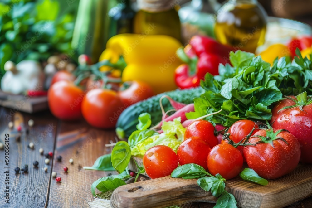 Fresh and Colorful Vegetables and Herbs on a Rustic Wooden Table, Ready for Meal Preparation Fresh and Colorful Vegetables and Herbs on a Rustic Wooden Table, Ready for Meal Preparation