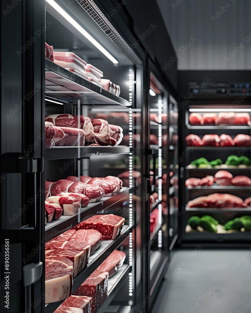 Refrigerated display case with assorted fresh meats in a modern grocery store, showcasing high-quality produce and efficient refrigeration. Refrigerated display case with assorted fresh meats in a modern grocery store, showcasing high-quality produce and efficient refrigeration.