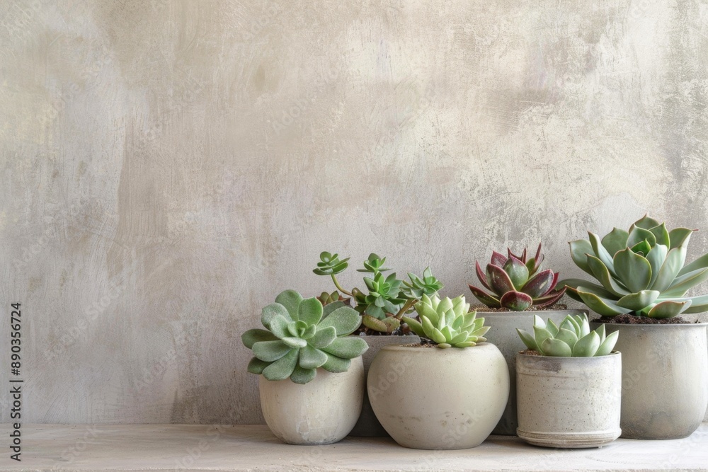 Minimalistic succulent plants in ceramic pots against a neutral textured wall. Ideal for modern home decor inspiration or indoor gardening. Clean aesthetic, simple elegance. Generative AI Minimalistic succulent plants in ceramic pots against a neutral textured wall. Ideal for modern home decor inspiration or indoor gardening. Clean aesthetic, simple elegance. Generative AI