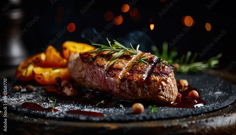 Grilled steak with rosemary and roasted potatoes on a dark background, garnished with peppercorns and herbs. Perfect for food and restaurant themes. Grilled steak with rosemary and roasted potatoes on a dark background, garnished with peppercorns and herbs. Perfect for food and restaurant themes.